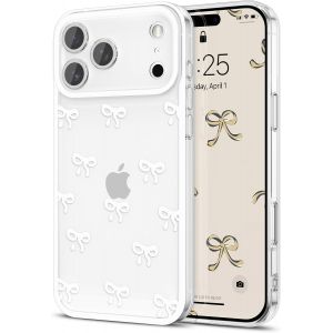 LORANKA-Cas pour iPhone 17 Pro Max, Clair et Mignon Ruban de Satin Bow Pattern Belle Coque Transparente Protection Appareil Photo Sur&eacute;lev&eacute;e Mince Doux et Durable TPU Housse de Protection - Blanc - Neuf