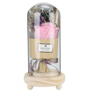 HJLIAN Lampe rose artificielle unique avec couvercle en verre et base en bois, cadeau de Saint-Valentin, decoration d'interieur, rose - Neuf