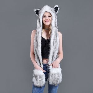 Fausse Fourrure Chapeau Animal 3 en 1 Nouveauté Hotte Casquette Earflap Écharpe Moufles Fonction de veste à Capuche, des Pattes de Poche en Peluche¿blanc - Neuf