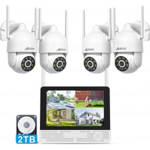 3K Ptz Outdoor Wifi Surveillance Camera Kit, 8Ch 10.5"" Nvr With 2Tb Hdd, 4X5Mp Ip Camera, Automatic Tracking, 24/7 Recording, Two-Way Audio, Ai Detection, Colour Night Vision - Neuf