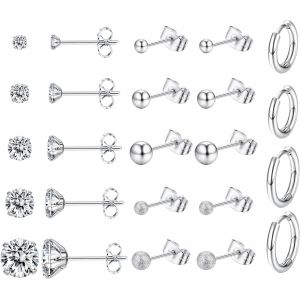 Kal-10-12 Paires Boucles D'oreilles Femmes Acier Innoxydable Ensemble Petite Creoles Clous D'oreilles Hypoallergénique Cartilage Helix Piercing Bijoux Cadeaux Pour Fille Homme, Or/Argent - Neuf