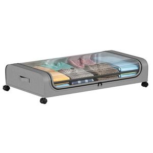 Bo&icirc;te de rangement sous lit de 32 L avec roulettes pour chaussures, v&ecirc;tements, couvertures, jouets et livres - Noir/Gris - Neuf