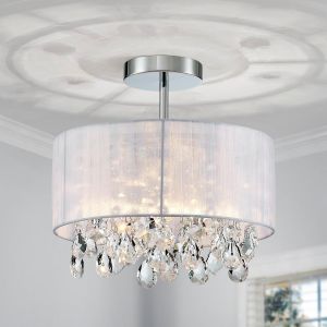 Subzonal-Lighting Lustre En Cristal Blanc, Design Moderne, Plafonnier Pour Espace De Vie, D33 X H35 Cm, Douille E27*1, Abat-Jour En Tissu Blanc & Finition Chrom&eacute;e - Neuf