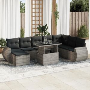 Salon De Jardin 9 Pcs Avec Coussins Gris Résine Tressée - Neuf