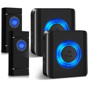 Sonnette Sans Fil 2 Emetteurs 2 Recepteurs, 400M/1300FT, Carillon de Porte Extérieur Étanche IP55, 58 Mélodies à 5-Niveaux Volume et Kit Carillon, Jardin, Hôtel, Bureau - Neuf