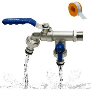 Robinet d'eau en Laiton Double Universel 3/4 Pouce (20/27) Exterieur Jardin avec 2x 3/4 Pouces Raccordements de Tuyau de Sortie Anti-rouille et Antigel Pour Jardin,Ménage & Industrie - Neuf