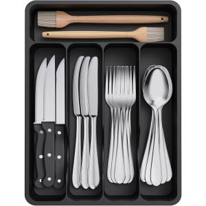 Mevronisshop-Range Couverts Pour Tiroir, Organisateur Couverts Tiroir Cuisine Rangement Ustensiles Bac De Rangement Couvert Pour Cuill&egrave;res Fourchettes Couteaux Vaisselle, 5 Compartiments, Noir - Neuf