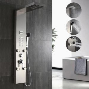 Auralum Panneau Colonne de Douche en Acier Inox avec 4 Grandes Buses Massants et 12 Micro-jets de Massage Panneau écran Affichage - Neuf