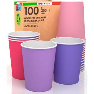 Kal-Princessmix Lot De 100 Verres En Papier 200 Ml Écologiques Biodégradables Jetables Fabriqués En Italie Emportent Des Boissons Chaudes À L'eau ¿ Mélange De Couleurs Rose Lilas Violet Fuchsia - Neuf