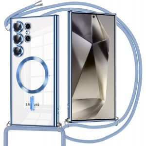 TRAHOO-Coque Magn&eacute;tique pour Samsung Galaxy S24 Ultra avec Cordon, Transparent Housse &Eacute;tui Compatible avec MagSafe Case avec Collier Lanyard Ultra Mince Souple TPU Silicone Camera Antichoc, Bleu - Neuf