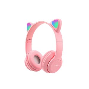 Casque sans fil &agrave; oreilles de chat avec lumi&egrave;res LED, Bluetooth 5.0, pliable, rose - Neuf