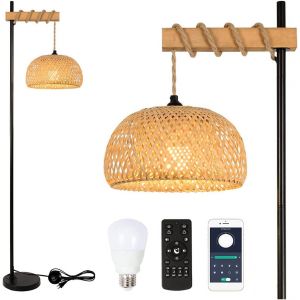 Lampadaire &Agrave; Intensit&eacute; Variable, En Bois, Style Vintage, Avec T&eacute;l&eacute;commande Et Ampoule Led, Contr&ocirc;le Par Application, Lampe Sur Pied Boh&egrave;me, Avec Abat-Jour En Bambou, Lampadaire En Rotin, Pour - Neuf