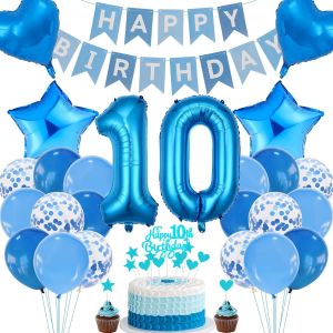 D&eacute;corations De 10e Anniversaire, D&eacute;coration De G&acirc;teau D'anniversaire Gar&ccedil;on 10 Ans Bleu, D&eacute;corations De F&ecirc;te Bleues, 10 Anniversaire Fille Gar&ccedil;on, D&eacute;coration De G&acirc;teau 10e Anniversaire Gar&ccedil;on Fille - Neuf