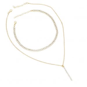 Collier Long En Alliage Avec Pendentif Double Couche En Strass Brillants, Bijoux Cadeau - Neuf