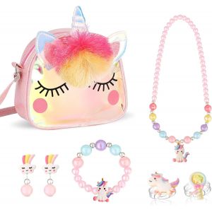 Kalanka-Licorne Sac A Main Bijoux Enfants Fille, Unicorn Collier Bracelet Boucle D'oreille Bagues Kit Bijoux Pour Cadeau Anniversaire De Fête - Neuf