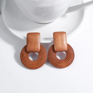 A10401119e-001 - Boucles D'oreilles Géométriques Vintage En Bois Pour Femmes,Faites À La Main,Couleur Marron,En Forme De Feuille,Cercle Rond,Bijoux 2022 - Neuf