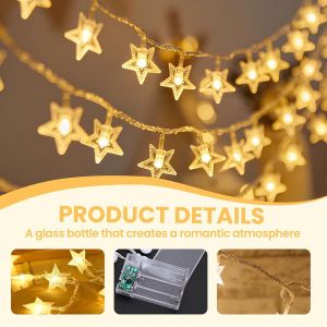 CHENG-Guirlande lumineuse de Étoile,6M 40LED Guirlande lumineuse d'intérieur,Étoile à Cinq Branches Fonctionnant à Piles Guirlande Lumineuse Étanche pour Pot Jardin Camping Noël Décorations - Neuf