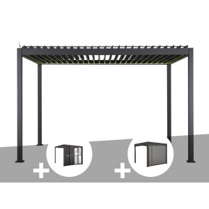 Pergola Bioclimatique &Eacute;lectrique Evora Graphite - 4 X 3 M + Persiennes Coulissantes C&ocirc;t&eacute; 3 M + Store 4 M Graphite - Hesp&eacute;ride - Neuf