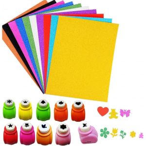 Chenquansarl-Set 10 Mini Perforatrice Papier Pour Fabrication De Cartes Artisanales, Perforatrice De Trou En Papier, Avec 10 Pi&egrave;ces Carte Papier Glitter A4 Avec Dos Adh&eacute;sif - Neuf