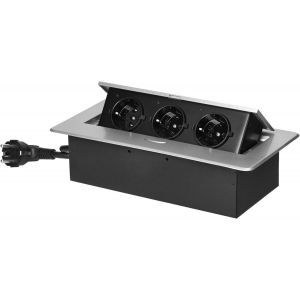 Bloc Prise Encastrable Plan de Travail avec Bord Plat et 3 Prises Schuko Multiprise Bureau adapt&eacute;e &agrave; la Norme Allemande Bloc Prise Escamotable (Schuko) (Argent) - Neuf