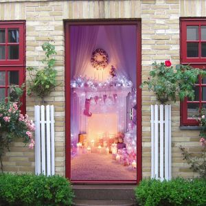 L'Effet 3D de la Porte Autocollant Rose de No&euml;l Chemin&eacute;e (77x200cm), Int&eacute;rieur en PVC Sticker Mural pour la Salle de S&eacute;jour Cuisine Chambre &agrave; coucher salle de Bains D&eacute;coration Murale papier Peint - Neuf