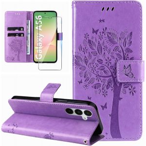 Kal-Coque Pour Samsung Galaxy A56 5g Etui Portefeuille Cuir Avec Verre Trempé Motif Porte Carte À Rabat Clapet Housse Protection Flip Case Étui Coque Pour Samsung Galaxy A56 5g-Violet - Neuf