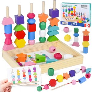 ChenQuanSarl-3 En 1 Montessori Jouet, Blocs De Perles Jouets, Pédagogique Empilable Jouet Y Enfiler, Jouets Pour Enfants Bois Coloré, Jouet Montessori Jeux D'Éveil Pour Garçons Et Filles De 3 4 5 6 A - Neuf