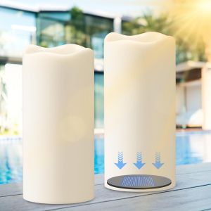 Lot de 2 bougies solaires d'ext&eacute;rieur &eacute;tanches &agrave; LED en plastique blanc vacillant du cr&eacute;puscule &agrave; l'aube pour lanternes d'ext&eacute;rieur, d&eacute;coration de jardin (D 3 x H 8) - Neuf