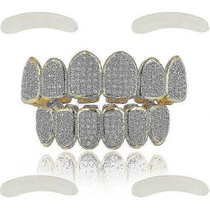 Plaqué Or 18 Carats Tout Glacé Oxyde Cubique De Luxe Visage Diamant Dents En Or Grillz Ensemble Avec Barres De Moulage Supplémentaires Incluses F-Xg1644 - Neuf