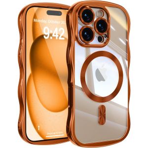 TRAHOO-Coque Magn&eacute;tique pour iPhone 16 Pro Compatible avec Recharge sans Fil, Wave Frame &Eacute;tui en Silicone Liquide, Housse de Protection Antichoc Bumper Cover Case avec Protection Cam&eacute;ra, Orange - Neuf