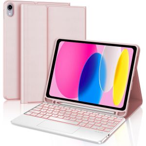 Clavier iPad 10ème Génération 2022 10.9 Pouces avec Trackpad, Rétroéclairage 7 Couleurs, Clavier Touchpad AZERTY sans Fil Bluetooth pour iPad 10eme Génération 2022, Rose - Neuf