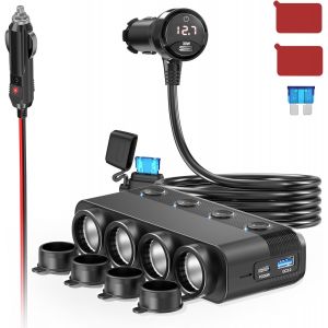 CMWX-4 Prise Chargeur Allume Cigare Adaptateur: 300W Double PD 30W et QC 3.0 12V-24V Prise USB de Voiture avec Interrupteur Ind&eacute;pendant et Voltm&egrave;tre LED pour Tous Les Appareils de Voiture - Neuf