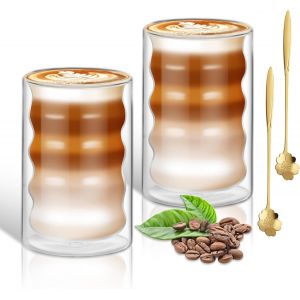 Ytfhg-Tasse A Cafe Double Paroi (2 X 400ml) Verre Double Paroi Transparent Tasses À Latte Macchiato Avec 2 Cuillère Tasse En Verre Pour Café Glacé Cappuccino - Neuf