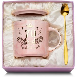 Eryi-Cadeau Femme 70 Ans, Anniversaire 70 Ans Femme Tasse En Céramique Marbrée Rose, Cadeau 70 Ans Personnalisés Idée Cadeau 70 Ans Femme, Avec Couvercle, Cuillère, Carte De V?ux, Boîte Cadeau - Neuf