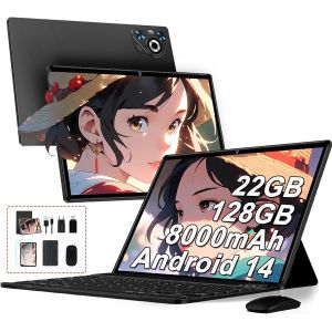 KALWS-Tablet Android 14,10 Pouces,22Go Ram 128Go Rom/Tf 1Tb Extensible,Hd Écran Ips,Wifi 5G,Octa-Core,8000Mah,Bt5.0,8Mp+5Mp,Corps Métallique,Tablette Tactile Avec Clavier,Souris-Noir - Neuf
