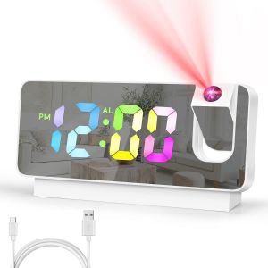 Reveil Projecteur Plafond, Rotation &agrave; 180&deg; Reveil Numerique, 7.8inch Miroir R&eacute;veils USB avec temp&eacute;rature, Rechargeable Affichage du Calendrier de la Date, Horloge de Table pour Le Bureau de la Chambre - Neuf