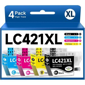 LC421 XL Haute capacité Cartouche d'encre Compatible avec Brother LC421-XL LC421XL LC421VAL XL Multipack pour Brother DCP-J1050DW MFC-J1010DW DCP-J1140DW (Pack de 4) - Neuf