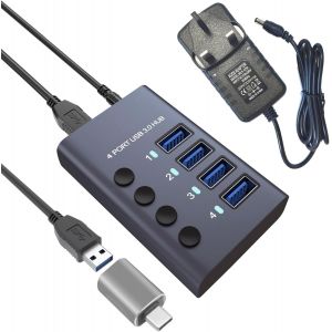 NAERYUT-Hub Usb 3.0 En Aluminium À 4 Ports Avec Transfert De Données À 4 Ports,Adaptateur Secteur 36 W (12 V/3 A),Répartiteur Usb Avec Commutateurs Individuels - Neuf