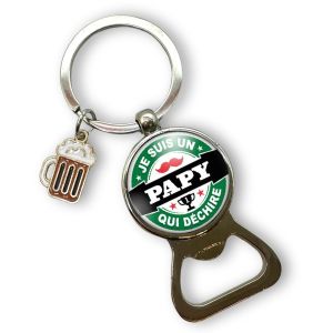 Kal-Porte Cl&eacute;s Papy - Porte Cl&eacute; D&eacute;capsuleur Avec Cabochon En Verre &laquo; Je Suis Un Papy Qui D&eacute;chire &raquo; - Breloque Chope De Bi&egrave;re - Cadeau F&ecirc;te Des Grand P&egrave;re - Cadeau Papy - Id&eacute;e Cadeau Original - Annive - Neuf