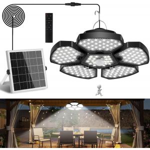 Lampe Solaire Interieur Avec Détecteur De Mouvement, 6000k Lampe Solaire Avec Télécommande, 5m Câble, Suspension Exterieur Pliable, Ip65 Étanche Pour Terrasse, Garage, Jardin - Neuf
