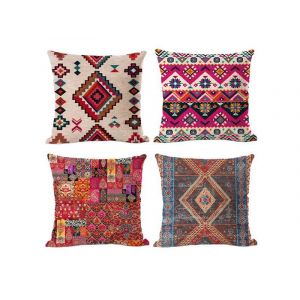 Lot de 4 housses de coussin imprim&eacute;es boh&egrave;me pour la d&eacute;coration int&eacute;rieure, polyester durable, facile &agrave; nettoyer, motifs vibrants - Neuf