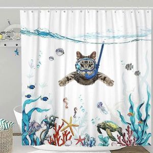 Rideau de douche 180x180cm Chat de plongée Rideau de bain imperméable imprimé océan Accessoires de salle de bain lavables anti-séchage rapide en tissu polyester avec 1 - Neuf