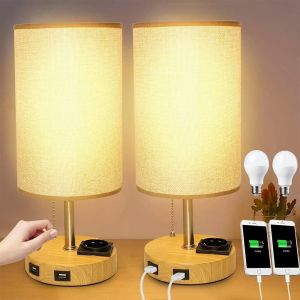 2 Lampe De Chevet Avec 2 Ports De Charge Usb,Lampe De Table Avec Tirez La Chaîne,Led Ampoules E27*2 5W Blanc Chaud Incluse,Pour Lecture Chambre Bureau Salon [Classe Énergétique A+] - Neuf