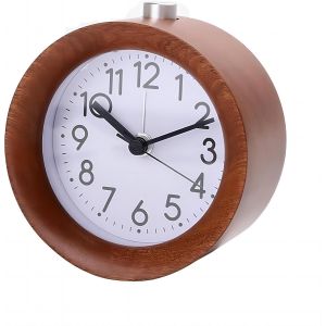 KAL-Rond Réveil En Bois, Analogique Silencieux Avec Chiffres Arabes Fonction Veilleuse Snooze Fonctionnement Sur Batterie Facile À Régler Pour Le Chevet De La Chambre De Bureau (Marron) - Neuf