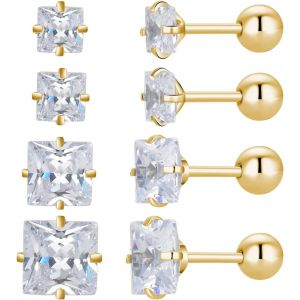 Lot De 4 Paires De Boucles D'oreilles À Tige Rondes En Acier Inoxydable Chirurgical Plaqué Or 18 Carats Avec Oxyde De Zirconium 3¿6 Mm,Acier Inoxydable,Zircone Cubique - Neuf