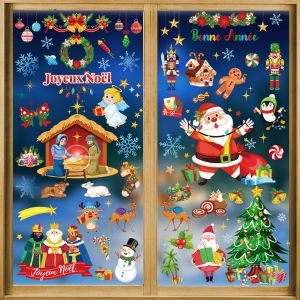 Français Joyeux Noël Fenêtre Autocollants Décorations,9 Feuilles Crèches de Noël Stickers Vitre Décorations Noel Personnage Autocollants Fenêtre Porte Nouvel an - Neuf