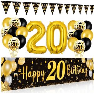 LETNERNY-Decoration Anniversaire 20 Ans Noir Or Homme Femme, Banderole Anniversaire 20 Ans, Ballon 20 Ans Noir Or, Triangle Bannière Joyeux Anniversaire, Décoration De Fête Toile Affiche Fond Photo N - Neuf