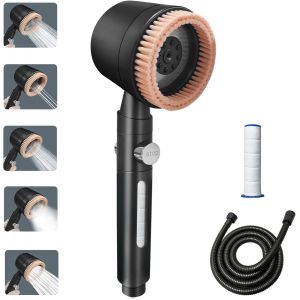 LKJKJ-Pommeau de douche massant avec fonction de massage purifiant, économiseur d'eau, avec tuyau de 1,5 m et 2 filtres, 5 formes d'écoulement (gris métallisé) - Neuf
