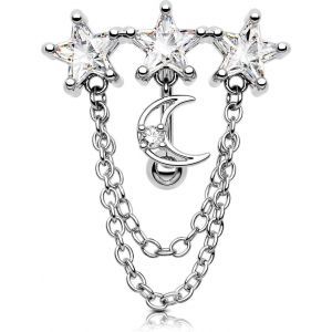 Piercing De Nombril Invers&eacute; 14 G En Acier Chirurgical 316l Avec Cha&icirc;ne En Forme D'&eacute;toile Et De Lune En Oxyde De Zirconium Transparent - Neuf