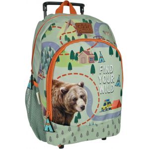 Sac a Dos Enfant avec Roues Tissu Recyclé Imprimé Animal-Petit Sac de Voyage à roulettes Amovible Gris Détails Réfléchissants-Petite Cartable Ecologique Garcon-36x25x15 cm (Ours Brun) - Neuf